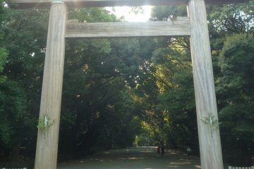 Wooden Torii gate entrance to Atsuta Shrine.