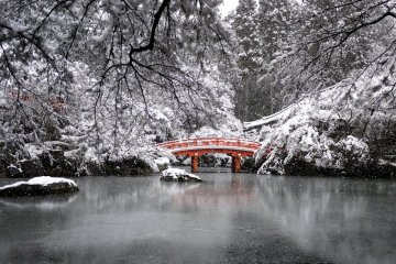 The red bridge accessing Bentendo Hall contrasts with the snow