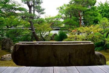 Un large tsukubai (bassin) au bord du jardin