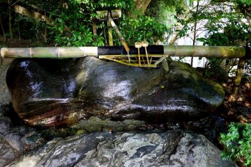 <p>Bamboo spout and stone water basin</p>