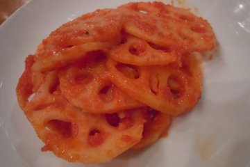 <p>A deli side dish of sliced, still slightly crunchy, spicy lotus root salad, which was also in the vegetarian&nbsp;sandwich</p>
