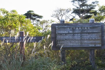 <p>The sign on the right lists some of the notable tree and bush species, led by the Japanese red pine and Kyushu azalea, but also including fir, hemlock, holly, and others</p>