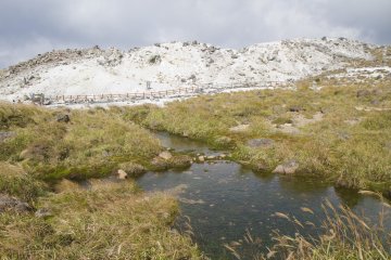 <p>A look back at Mt. Io, a pond, and some soft moss patches</p>