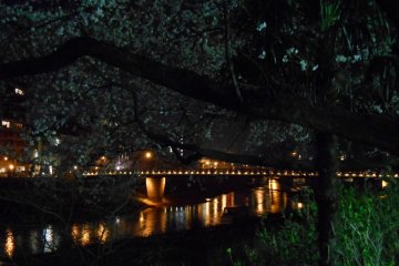 Illuminated Sakura Bridge and Asuwa river