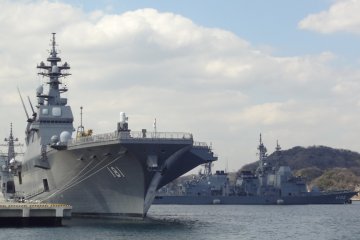 Sitting on a bench, you can see Japanese warships at anchor in Yokosuka Bay.