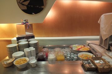 <p>Cereal, milk, juice, fresh fruit and yoghurt section</p>