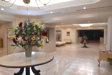<p>Deserted hotel lobby at night</p>