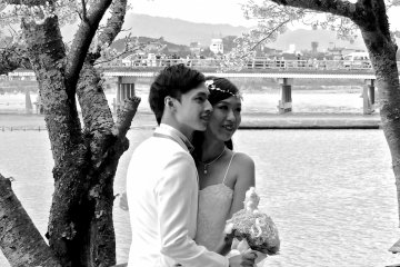 <p>A handsome Chinese couple posing for wedding photos right in front of my cafe</p>