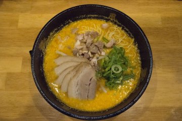 <p>First day: Spicy miso ramen, with generous servings of charshu slices and pork cubes.</p>
