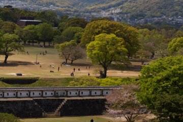 <p>Untuk mendapatkan pemandangan dari taman disebelahnya dan perbukitan Kumamoto ini, Anda perlu pergi ke lantai atas menara utama. Seperti yang dapat Anda lihat dengan penutup plastik biru di atas rumput, asalkan ada beberapa bunga sakura tertinggal, pesta hanami (melihat sakura) tetap populer, seperti di tempat lainnya.</p>