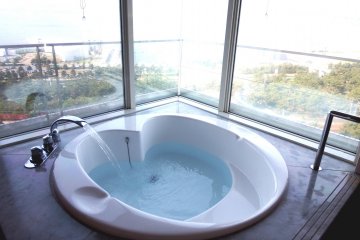 <p>Heart-shaped bathtub in motion...how about a morning bath looking out at the beautiful bridge through a big glass window?</p>