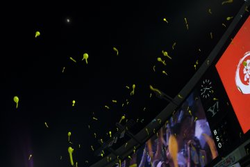 <p>Cheering balloons let loose into the air.</p>