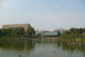 <p>The view across the pond to the Taisho Kinenkan</p>