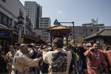 One of three mikoshi carried during the parade