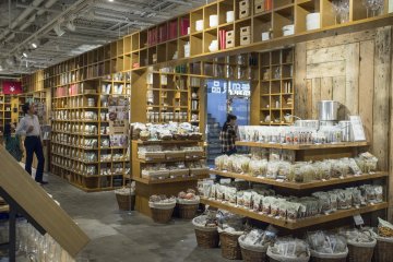 <p>The food section, separated by wooden shelves</p>