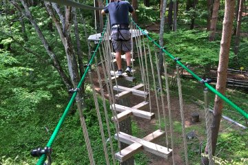 All of the obstacles will test your balance and coordination skills. Here, you will want to fasten your pulley &amp; karibiner to the overhead cable, hold onto the green cable rails and carefully walk across these floating X's.