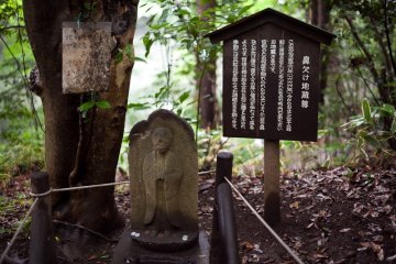 <p>A statue and some signs next to the walkway</p>