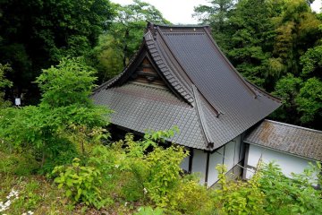 <p>The steeply pitched temple roof viewed from above</p>