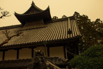 <p>Outside in the front garden of the temple</p>