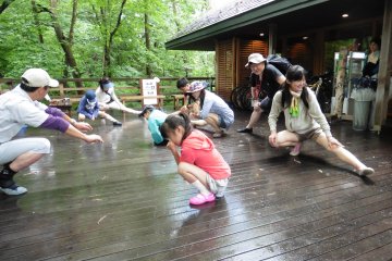<p>Stretching time before going to the river</p>