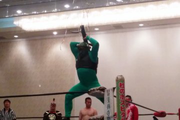 <p>A special character, Turtle Man, was being tried out. He knows how to make an entrance with his confetti bazooka</p>
