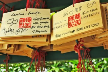 <p>地主神社中挂着满满爱意的绘马</p>