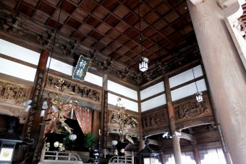 Inside view of Buddha Hall. Here, three statues of Buddha are placed