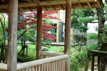 <p>Looking at the windows of Fukui City History Museum from a small pavilion in Osensui Park</p>