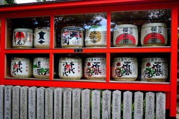 <p>Donated barrels of sake on display</p>