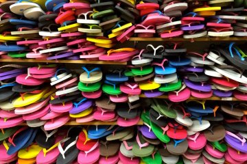 <p>Flip-flops from Genbei, a beach sandal shop in Hayama. So many fun colors to select from!</p>