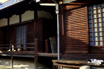 <p>Looking along the wooden verandah of the temple</p>