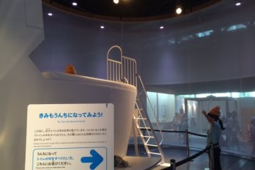 Visitors can use the feces hat and slide inside the huge toilet