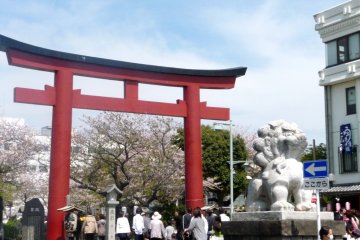 Entrance to the dankazura -- Torii and lion dog guardians