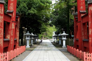 <p>Entering the torii gate and walking to the main shrine buildings</p>