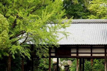 <p>'Ema-do (Wish plagues building)' in the woods. There is a Japanese garden in the back</p>