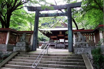 <p>The torii gate inside the shrine grounds. Two statues of guardian dogs are on guard at the entrance</p>