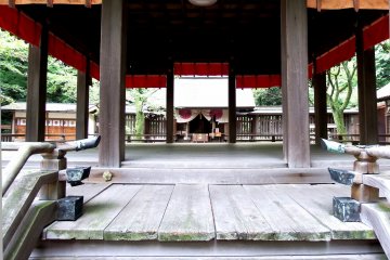 <p>Looking at the prayer altar through the Noh stage</p>