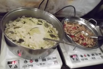 <p>A couple of dishes keeping hot on the buffet</p>