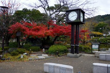 <p>A clock stands in front of a blaze of maple &nbsp;</p>