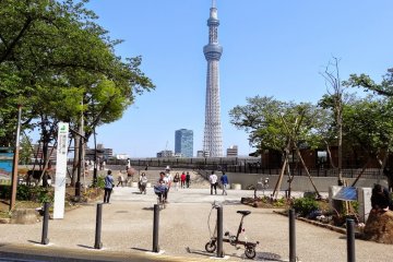 <p>In front of Sumida Park my little bike and the Sky Tree Tower as a background; you also can see the many happy bikers in the pictures.</p>