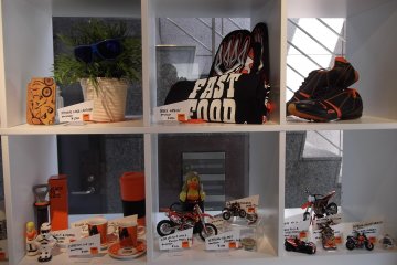 <p>Shelves of KTM&nbsp;goods for sale (I assume)</p>