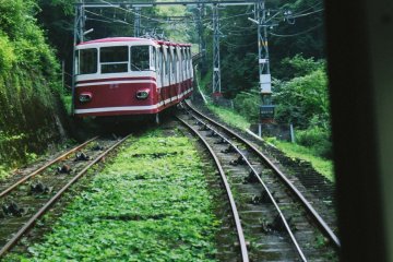 <p>Jalur cable car kemudian terbagi dua dan kereta ini berpapasan dengan kereta yang akan turun</p>