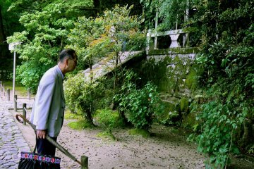 <p>An elderly gentleman listens to the singing frogs - perhaps he is composing a haiku about them</p>