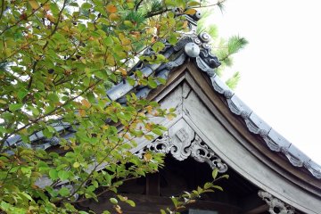 <p>Temple roof and green leaves already turning colors in early autumn</p>