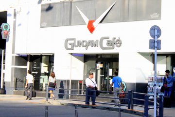 The view of the Gundam Cafe from the Akiba Bridge