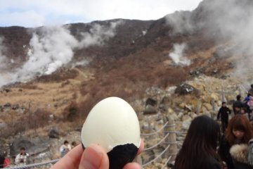 The eggs are not black--only the shells are, from the sulphur and iron in the onsen water.