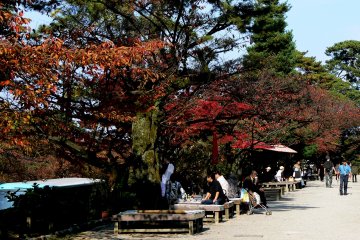 <p>Tourists rest on benches along the path opposite the castle</p>