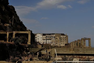 <p>Ma premi&egrave;re vue en arrivant sur Gunkanjima</p>