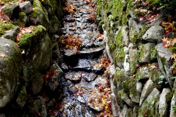 Water runs in a small channel beside the path, making a pleasant sound
