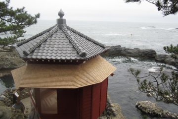 The rebuilt Rokkakudo seen from above, perched on the cliffs of Izura below Okakura Tenshin's home